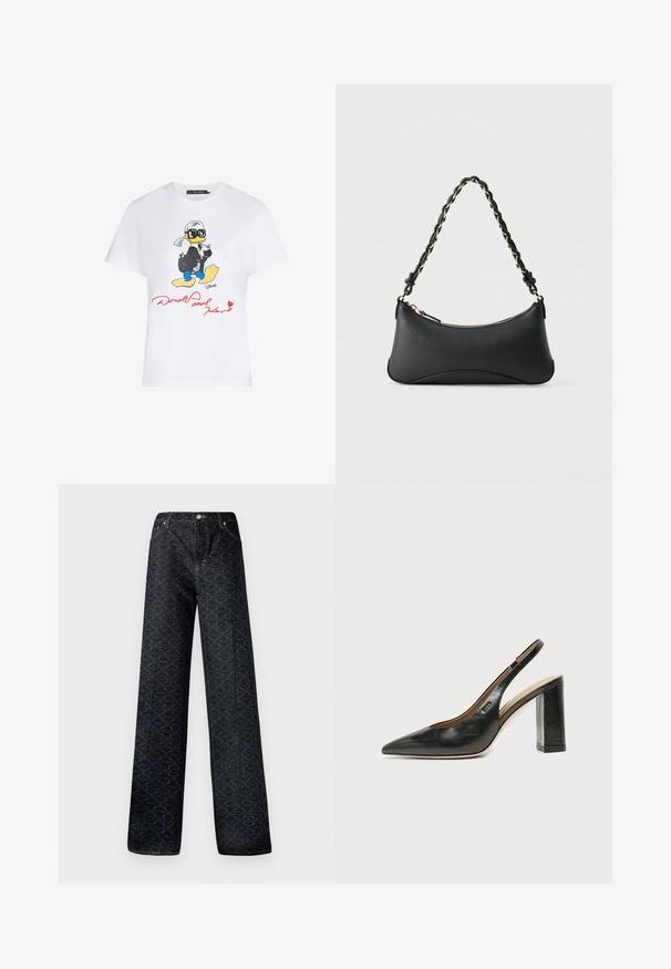 Hvid bomulds t-shirt med en farverig tegneserieillustration af en and i jakkesæt med solbriller, og rød tekst der står "Donald og Karl."; Mørkeblå vidde jeans med et geometrisk mønster, lavet af denim. Har metalknap, lynlås og syninger på frontlommen.; Sort læder peep-toe slingback sko med høj blokhæl og beige indvendig foring mod en ensfarvet lys baggrund.; Sort skuldertaske i læder med en buet rektangulær form, gyldent kæde vævet ind i en flettet sort rem og toplynlås.