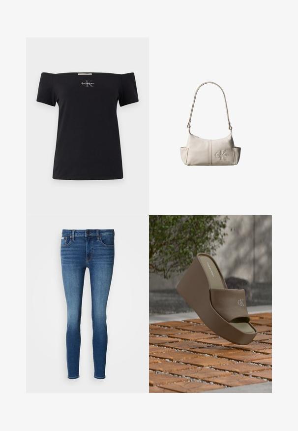 T-shirt noir à épaules dénudées en coton avec des manches courtes. Présente un petit logo Calvin Klein gris sur le devant.; Jeans en denim slim-fit bleu foncé, présentant un design classique à cinq poches, des passants de ceinture et une fermeture à bouton à l'avant. Lavage moyen avec un léger effet de décoloration.; Sandale à plateforme marron Calvin Klein avec bride en tissu et logo "ck" embossé sur un sol en carreaux de bois en extérieur.; Petit sac à bandoulière en cuir beige avec une sangle ajustable et un logo Calvin Klein embossé au centre avant.