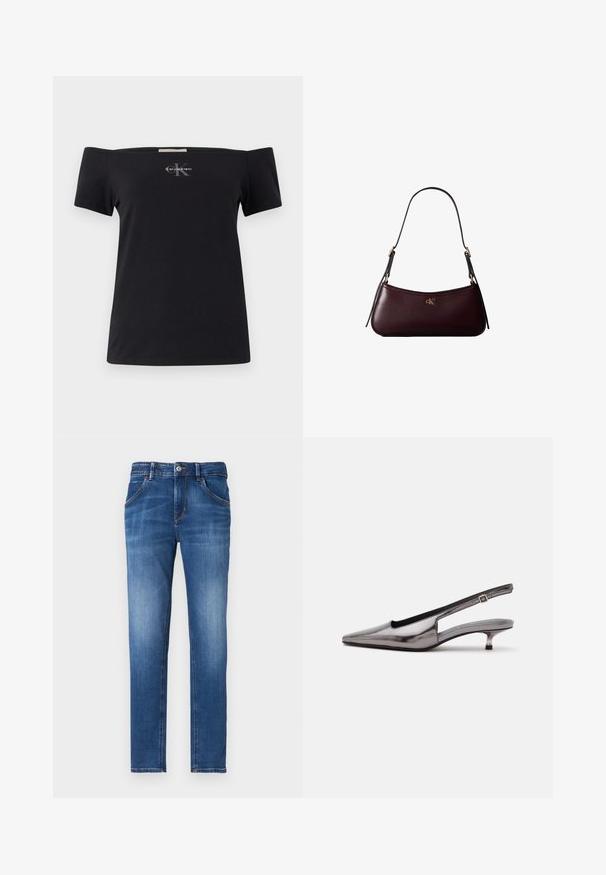 T-shirt noir à épaules dénudées en coton avec des manches courtes. Présente un petit logo Calvin Klein gris sur le devant.; Jean en denim bleu ajusté avec une finition délavée, cinq poches, fermeture à bouton à l'avant et détails de couture contrastés.; Chaussure slingback gris métallique à bout pointu, petit talon kitten et bride réglable sur fond blanc.; Sac à main en cuir bordeaux foncé avec une fine sangle d'épaule noire et un petit logo doré "cK" au centre devant.