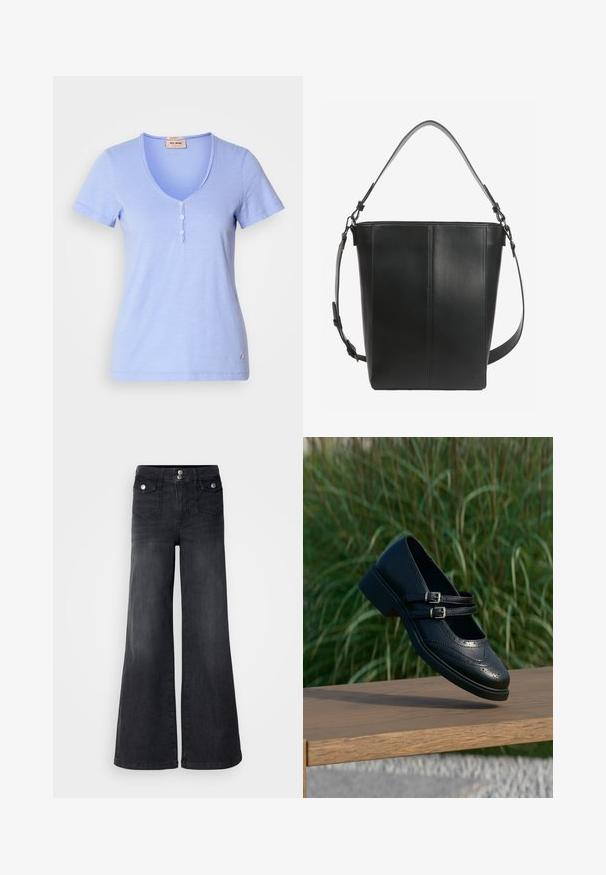 T-shirt bleu clair à manches courtes, avec un col en V et une patte de boutonnage à cinq boutons, présentant une texture de tissu subtile. Petite accentuation du logo sur l'ourlet.; Jean large en denim noir avec taille haute, boutons sur le devant et deux poches avant ; texture lisse avec une légère finition décolorée.; Chaussure Mary Jane en cuir noir avec doubles brides bouclées et détails brogue, flottant au-dessus d'un banc en bois avec en arrière-plan de l'herbe verte.; Sac seau en cuir noir avec deux bretelles réglables et des détails de couture minimalistes sur un fond uni.