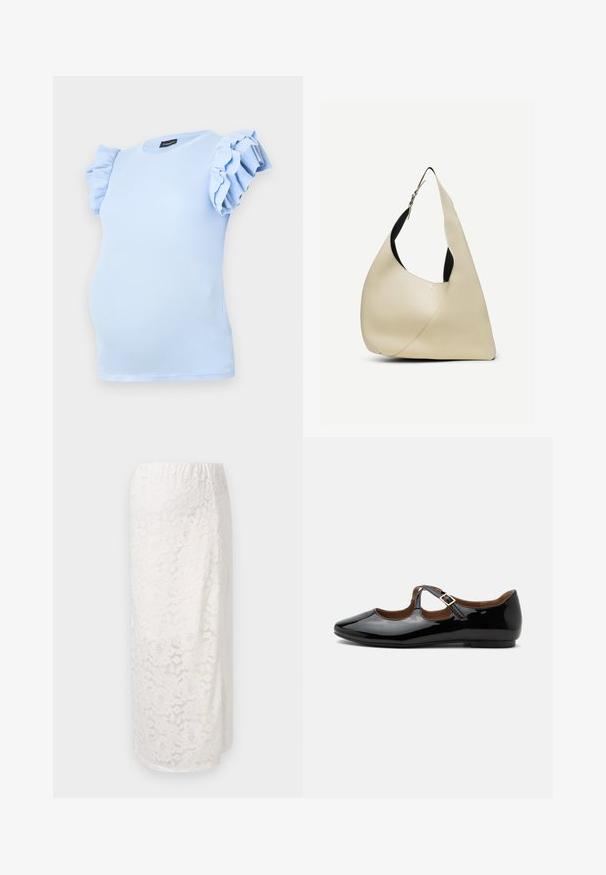 Top de maternité bleu clair en tissu côtelé, avec des manches courtes à volants et un col rond. Conçu pour un ajustement confortable.; Jupe en dentelle blanche avec motif floral, design au genou, taille élastique et texture lisse. Présente une finition semi-transparente.; Chaussure plate Mary Jane en cuir verni noir avec deux découpes et une bride à boucle dorée sur fond blanc.; Sac à bandoulière en cuir lisse couleur crème, de forme triangulaire arrondie, avec une sangle réglable et une boucle en argent.