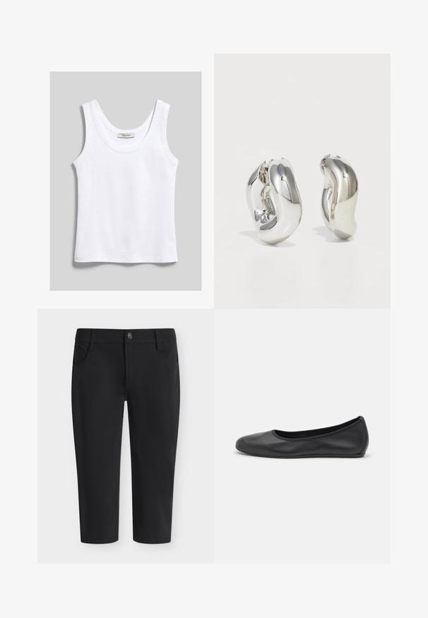 Débardeur blanc en coton sans manches avec encolure dégagée, présenté à plat sur fond gris clair.; Pantalon noir court avec fermeture par boutons, passants de ceinture et poches avant, présenté à plat sur fond blanc.; Ballerines en cuir noir avec un bout rond, texture lisse, détails de couture minimalistes et design de semelle flexible.; Boucles d'oreilles sculpturales en argent avec des formes douces et courbes et des surfaces réfléchissantes. Présentent un design de boucle fermée et une forme organique distincte.