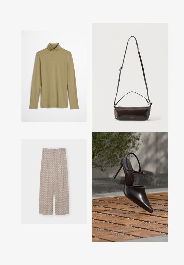 Top de cuello alto de manga larga en un verde oliva claro, con un ajuste ceñido y una tela suave, ligeramente texturizada, sin adornos.; Pantalones beige de pierna ancha con cintura alta, con un patrón geométrico de cuadrados y arcos en líneas beige más oscuras.; Zueco negro brillante de tacón alto con puntera puntiaguda y correa en el tobillo, suspendido sobre una superficie de baldosas de terracota con espacios de grava.; Pequeño bolso de hombro de cuero marrón oscuro brillante con correa ajustable, asa superior y cierre de cremallera dorado.