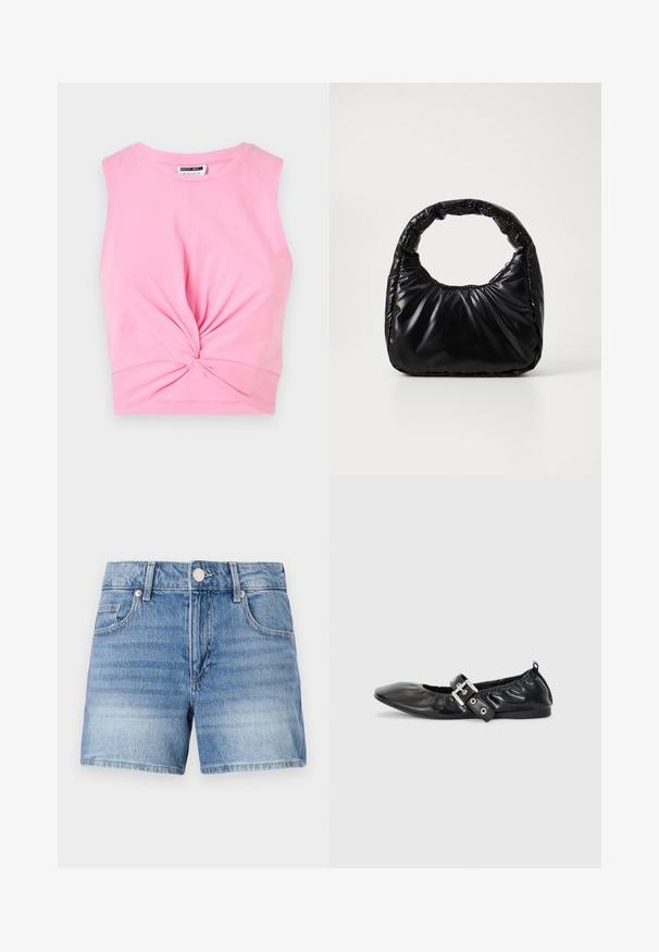 Roze mouwloze crop top met een geknoopte detail aan de voorkant, gemaakt van zachte katoenen stof met een gladde textuur.; Lichtblauwe denimshorts met knoopsluiting aan de voorkant, ritssluiting, lussen voor een riem en voorzakken op een effen witte achtergrond.; Zwarte leren platte schoen met een spitse neus, geplooide details rond de opening en een zilveren gespaccentueerde verstelbare band.; Zwarte gevoerde handtas met een ronde handgreep, met een gladde, glanzende oppervlakte en een zachte, gewatteerde textuur. Geen zichtbare metalen onderdelen of accenten.