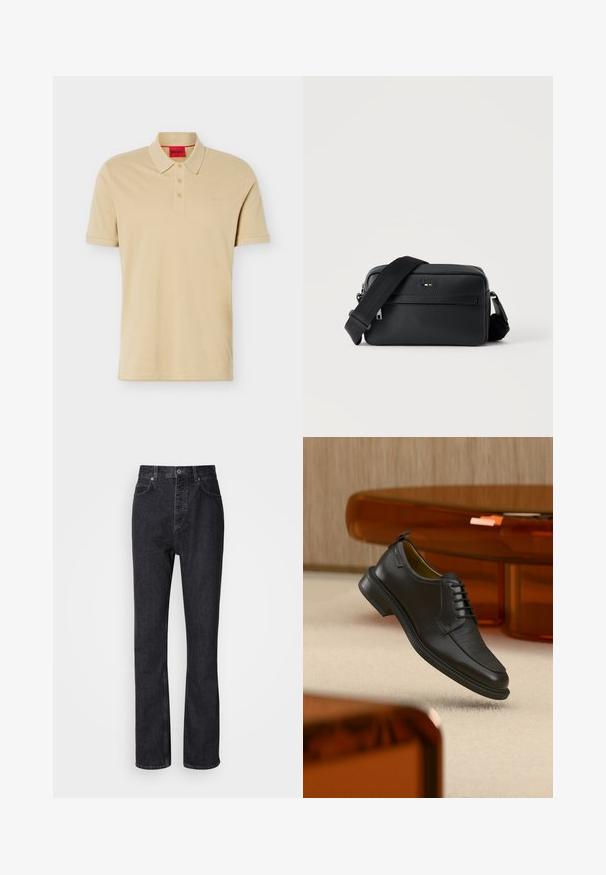 Polo beige à manches courtes avec trois boutons et petit logo embossé sur la poitrine, présenté à plat sur fond blanc.; Jean en denim noir taille haute avec fermeture à bouton et à glissière, poches avant et arrière, et coupe droite.; Chaussure habillée noire en cuir à lacets avec devant texturé, flottant au-dessus d'un tapis beige dans une pièce moderne avec des meubles teintés d'ambre.; Sac bandoulière en cuir noir texturé avec poche avant zippée et bandoulière large en tissu réglable sur fond blanc.