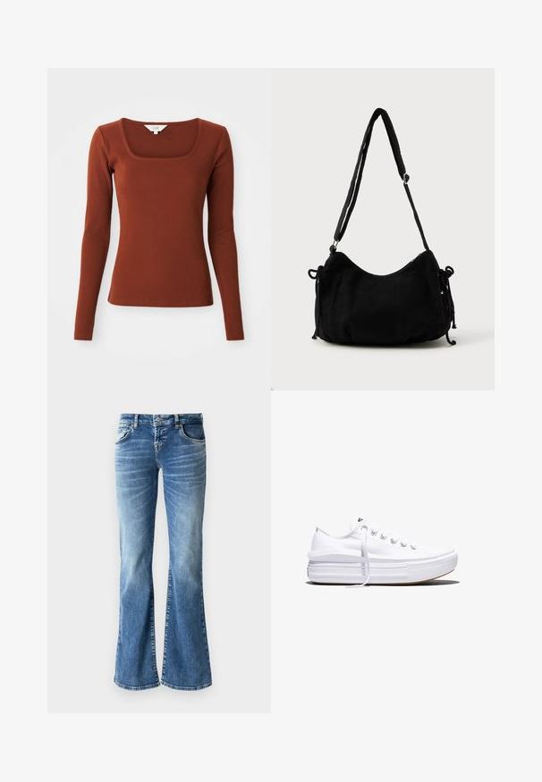 Rustrød ribbet langærmet bluse med firkantet udskæring, tætsiddende silhuet og et lille mærke ved kraven.; Lyseblå denim flare jeans med en falmet vask, fem lommer, syede detaljer og en lynlås med en knaplukning.; Hvid lavt snørestøvle med tyk plateau-sål, snørelukning foran og gummiforstærket tåkap, set i sideprofil.; Sort kordfløjls skuldertaske med en buet form, justerbar strop og snorelukninger på begge sider til størrelsejustering.