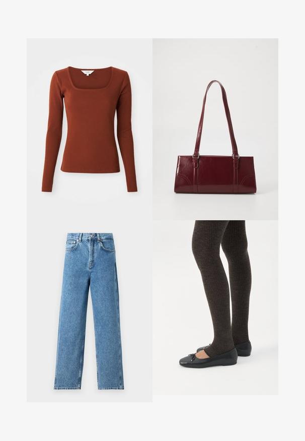 Roestkleurig geribbeld langwerpig topje met een vierkante halslijn, aansluitende pasvorm en een klein merkembleem bij de kraag.; Lichtblauwe rechte jeans van denim, met een hoge taille, sluiting met een knop aan de voorkant en een vijf-pocket ontwerp met zichtbare stiksels.; Benen met donkere geribbelde leggings gecombineerd met zwarte ballerina's met kleine strikdetails op een witte achtergrond.; Bourgondische handtas van glanzend materiaal, rechthoekige vorm, met twee schouderbanden en subtiele gebogen accenten aan de voorkant.