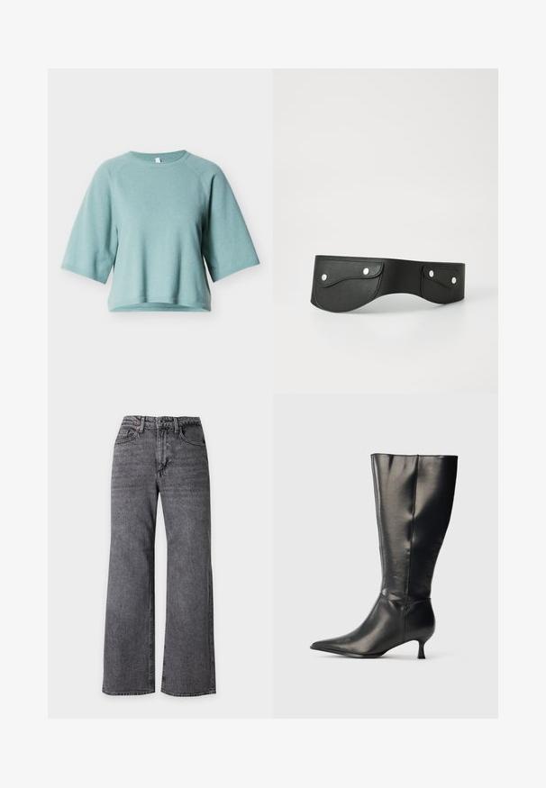 Pull-over vert clair à manches courtes en tissu doux. Il présente un col rond et des bords côtelés pour une coupe décontractée.; Jean noir délavé taille haute à jambes larges, avec bouton sur le devant et poches, présenté complètement à plat.; Botte en cuir noire montant jusqu'au genou, avec un bout pointu et un petit talon bas, présentée sur un fond clair uni.; Ceinture en cuir noir avec deux poches arrondies, fermées par des boutons-pression en argent. Texture lisse, design légèrement courbé.