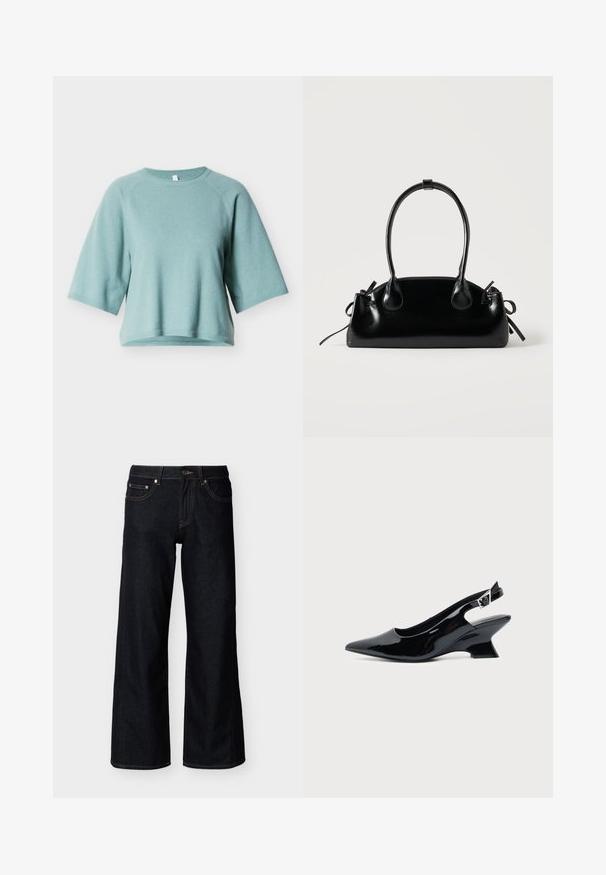 Pull-over vert clair à manches courtes en tissu doux. Il présente un col rond et des bords côtelés pour une coupe décontractée.; Jean denim bleu foncé à jambes larges avec bouton frontal, fermeture éclair et style cinq poches sur fond clair uni.; Chaussure slingback en cuir verni noir avec bout pointu et petit talon bloc incliné sur fond clair uni.; Petit sac à main noir brillant avec deux longues anses et des détails à cordon sur les côtés sur un fond clair uni.