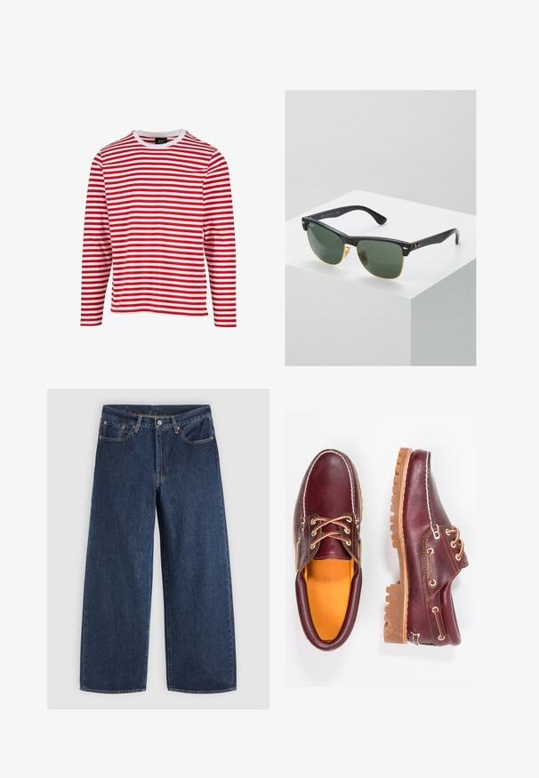 Langarmhemd mit rot-weißen horizontalen Streifen, ausgestattet mit einem Rundhalsausschnitt und aus weichem, glattem Baumwollstoff. Keine zusätzlichen Muster oder Akzente.; Dunkelblaue Jeans mit weitem Bein, Vordertaschen, Knopfverschluss und Gürtelschlaufen, flach auf einem hellen Hintergrund ausgelegt.; Bordeauxfarbene Lederschuhe mit braunen Gummisohlen, runder Zehenform, weißen Nähten und goldenen Ösen. Das Innenfutter weist eine gelbe Beschichtung auf.; Ray-Ban Sonnenbrillen mit grünen Gläsern, schwarzen Kunststoffrahmen und goldenen Akzenten an den Rändern. Quadratische Form mit matter Oberfläche.