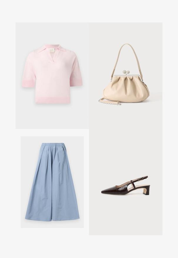Polo en tricot rose clair à manches courtes avec un col côtelé, des poignets et un ourlet, doté d'une petite ouverture en V.; Pantalon large bleu clair avec plis et taille élastique, en tissu léger, présenté sur un fond blanc.; Chaussure slingback en cuir marron foncé à texture crocodile, bout pointu, talon bas bloc et bride ajustable avec boucle dorée.; Sac à main en cuir souple beige avec un fermoir en métal argenté, une bandoulière simple et une bandoulière chaîne optionnelle sur fond blanc.