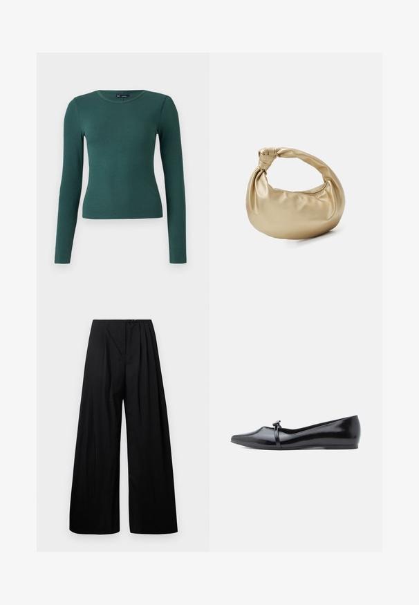 Haut à manches longues, côtelé, de couleur vert foncé. Présente un col rond et une coupe ajustée, fabriqué en matériau doux et extensible.; Pantalons larges noirs à taille haute, dotés de plis verticaux et d'une fermeture à bouton. Texture lisse, design minimaliste.; Ballerine en cuir verni noir avec bout pointu, bride décorative et texture lisse. Design minimaliste sans accents visibles.; Sac à main en métal doré avec une texture lisse et brillante. Il possède une anse nouée et une forme arrondie et douce. Fermeture zippée sur le dessus.