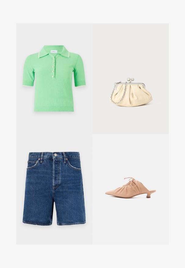 Pull polo à manches courtes, de couleur vert clair, en tissu texturé, avec un col blanc et cinq boutons décoratifs.; Chino shorts en denim bleu foncé avec une coupe classique, comportant cinq poches, une fermeture à bouton et des détails de couture orange contrastants.; Mule pour femme en cuir beige avec bout pointu, dessus froncé, lien de serrage et petit talon kitten, sur fond blanc.; Pochette en cuir beige plissé avec un cadre en métal argenté, dotée de deux fermoirs ronds décoratifs et d'une chaîne en argent.