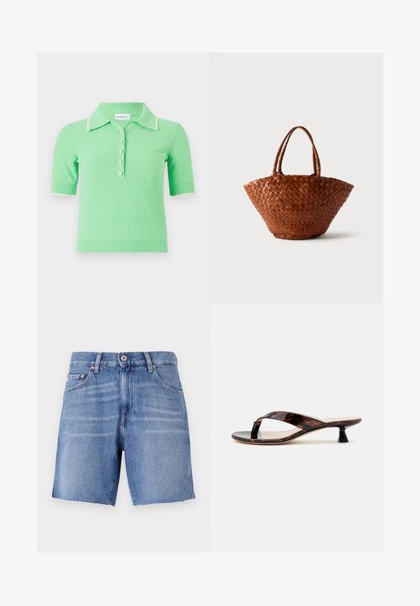 Pull polo à manches courtes, de couleur vert clair, en tissu texturé, avec un col blanc et cinq boutons décoratifs.; Shorts en denim bleu clair avec une coupe droite, ourlet effilé, cinq poches et fermeture à bouton métallique. Le tissu a une texture lisse avec un léger délavage.; Sandale à talon kitten écaille de tortue marron avec bride entre les orteils et bout carré sur un fond clair uni.; Sac à main en cuir tressé marron avec un large fond qui se resserre vers le haut et deux anses tressées, présenté sur un fond clair uni.