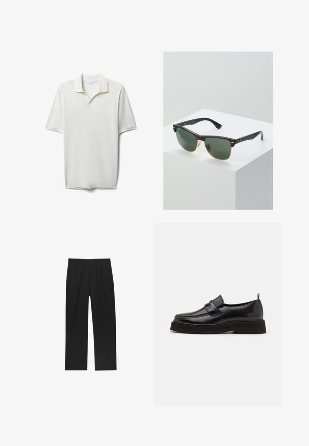 Kurzärmliges Polohemd mit V-Ausschnitt in Off-White aus strukturiertem Stoff. Verfügt über einen klassischen Kragen und einen lockeren Schnitt.; Schwarze Hose mit geradem Schnitt, aus einem glatten Stoff gefertigt. Verfügt über Vorderfalten und einen einzelnen Knopfverschluss an der Taille.; Schwarze Leder Slipper mit flacher, strukturiertem Sohlen, mit einer gestickten Zehenpartie und einem Riemen über dem Spann.; Ray-Ban Sonnenbrillen mit grünen Gläsern, schwarzen Kunststoffrahmen und goldenen Akzenten an den Rändern. Quadratische Form mit matter Oberfläche.
