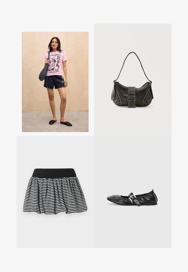 Kvinde står mod en lys trævæg iført en lyserød kattemotiveret t-shirt, sorte sportsshorts, sorte slip-on sandaler og bærer en sort taske med prikker.; Stribet sort og hvid nederdel med et samlet design og elastisk talje, lavet af blødt materiale. Har en udvidet form for fylde.; Sorte læder flade sko med spids tå, samling detaljer omkring åbningen, og en sølv spænde accent på den justerbare rem.; Sort læder skuldertaske med spænde på remmen, afrundede kanter og kontrasterende hvide syninger på en ensfarvet baggrund.
