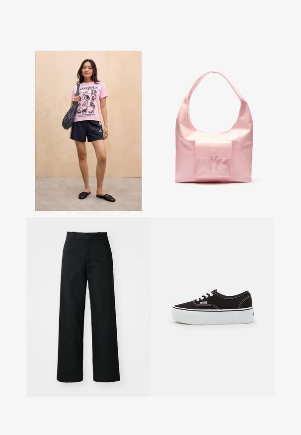 Kvinde står mod en lys trævæg iført en lyserød kattemotiveret t-shirt, sorte sportsshorts, sorte slip-on sandaler og bærer en sort taske med prikker.; Sorte vide bukser med flad front, knaplukning og bæltestropper. Fremstillet af holdbart stof med en glat tekstur.; Sort lærred sneakers med en hvid gummi platform sål, der har hvide snørebånd og syninger, ikonisk branding på siden, lav-top design.; Lyserød håndtaske med en blank finish, stor skulderrem, forlommer med dekorativ spænde detalje. Glat tekstur, minimalistisk design.