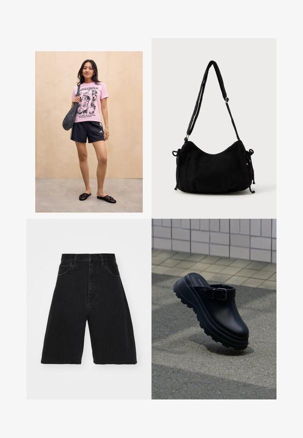 Kvinde står mod en lys trævæg iført en lyserød kattemotiveret t-shirt, sorte sportsshorts, sorte slip-on sandaler og bærer en sort taske med prikker.; Sorte denimshorts med høj talje og vidde ben, der har fem lommer og knaplukning. Glat tekstur med minimal falming.; Sort slip-on træsko med tyk rillede sål og justerbar rem, placeret over asfalt med flisebelagt væg i baggrunden.; Sort kordfløjls skuldertaske med en buet form, justerbar strop og snorelukninger på begge sider til størrelsejustering.