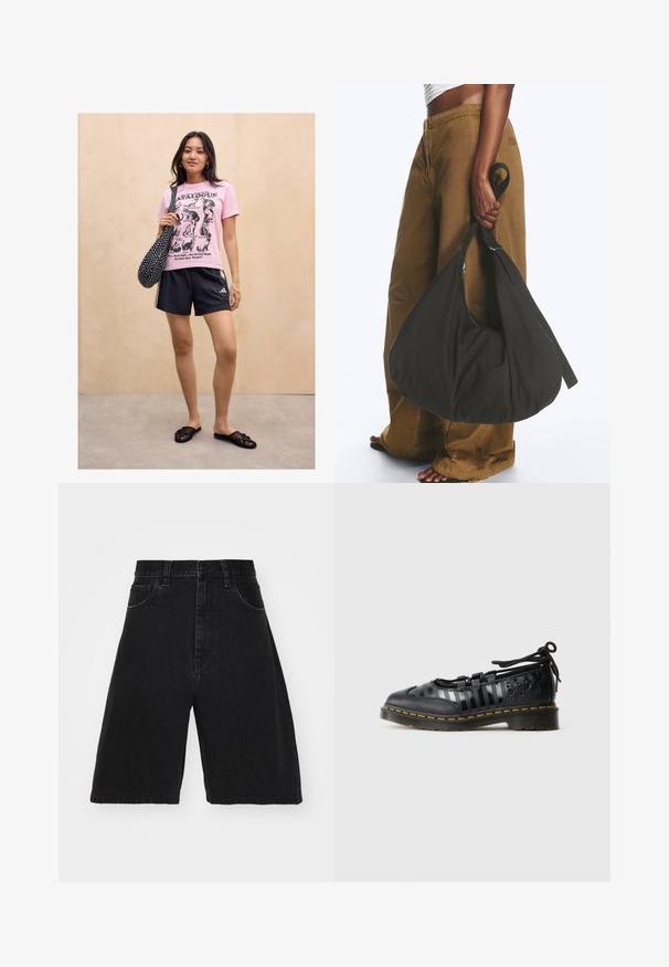 Kvinde står mod en lys trævæg iført en lyserød kattemotiveret t-shirt, sorte sportsshorts, sorte slip-on sandaler og bærer en sort taske med prikker.; Sorte denimshorts med høj talje og vidde ben, der har fem lommer og knaplukning. Glat tekstur med minimal falming.; Sorte sko med en blanding af glat og stribet transparent materiale, med en rund tå, snørebåndsdesign og kontrastfarvet gul syning.; Person iført brune vidde bukser og hvid top holder en stor sort blød håndtaske i remmen ved siden.
