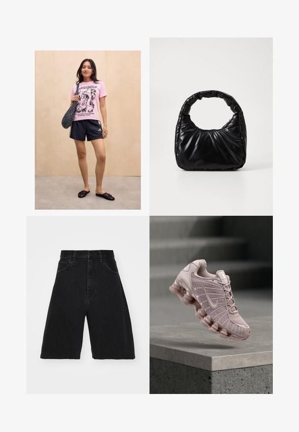 Kvinde står mod en lys trævæg iført en lyserød kattemotiveret t-shirt, sorte sportsshorts, sorte slip-on sandaler og bærer en sort taske med prikker.; Sorte denimshorts med høj talje og vidde ben, der har fem lommer og knaplukning. Glat tekstur med minimal falming.; Nike Air Max-sko i lys pink med en mesh-overdel, polstret tunge og en kraftig, gennemsigtig sål med bølgedesign.; Sort polstret håndtaske med et rundt håndtag, der har en glat, skinnende overflade og en blød, kviltet tekstur. Ingen synlige hardware eller accenter.