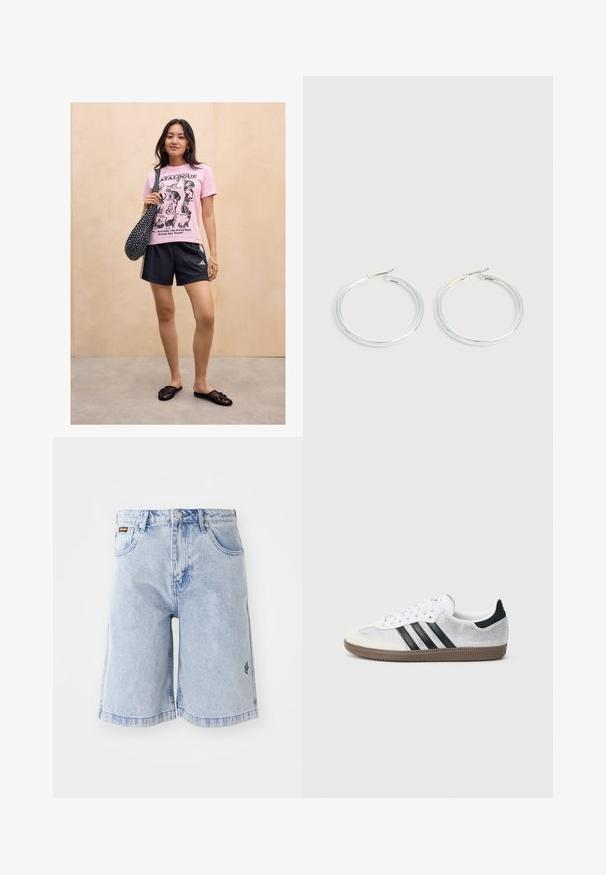 Kvinde står mod en lys trævæg iført en lyserød kattemotiveret t-shirt, sorte sportsshorts, sorte slip-on sandaler og bærer en sort taske med prikker.; Lyseblå denimshorts med høj talje, løs pasform og forlommer. Dekorativ syning og mærke logo broderet på siden.; Hvid mesh-sneaker med sorte striber, beige ruskind på tåhætte og hæl, tekstureret gummisål og hvide snørebånd. Klassisk lavtopsdesign.; Par skinnende sølvøreringe med tynde trådlåse, vist på en lys grå baggrund.