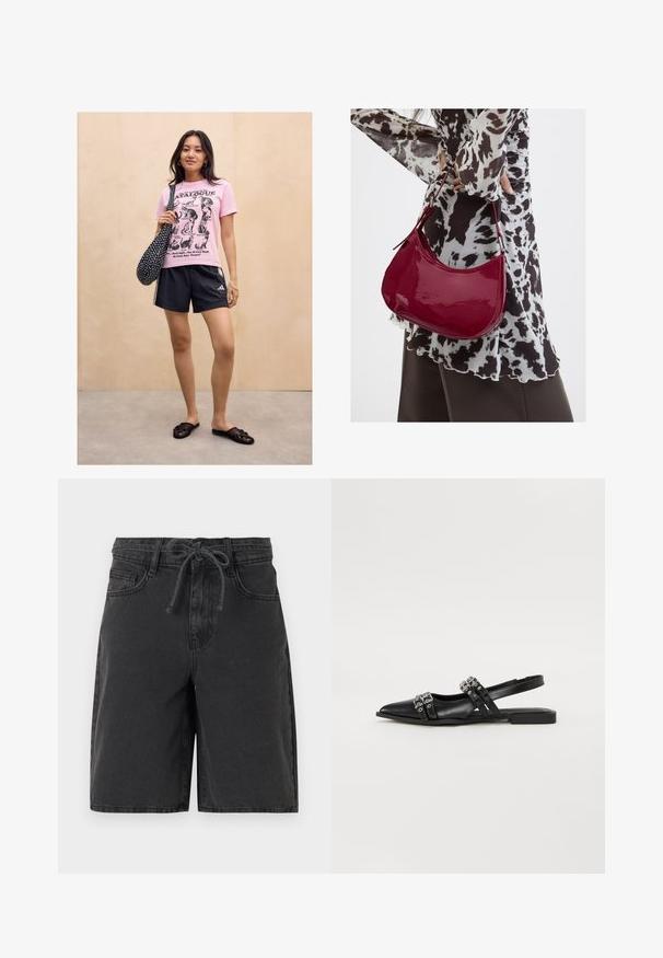 Kvinde står mod en lys trævæg iført en lyserød kattemotiveret t-shirt, sorte sportsshorts, sorte slip-on sandaler og bærer en sort taske med prikker.; Sorte denimshorts med bæltestropper, forlommer og et bundet snoretræk i taljen, vist mod en ensfarvet baggrund.; Even&Odd Slingback-ballerinasko - black; Kvinde iført en sort- og hvidmønstret bluse, der holder en blank rød skuldertaske mod en ensfarvet baggrund.