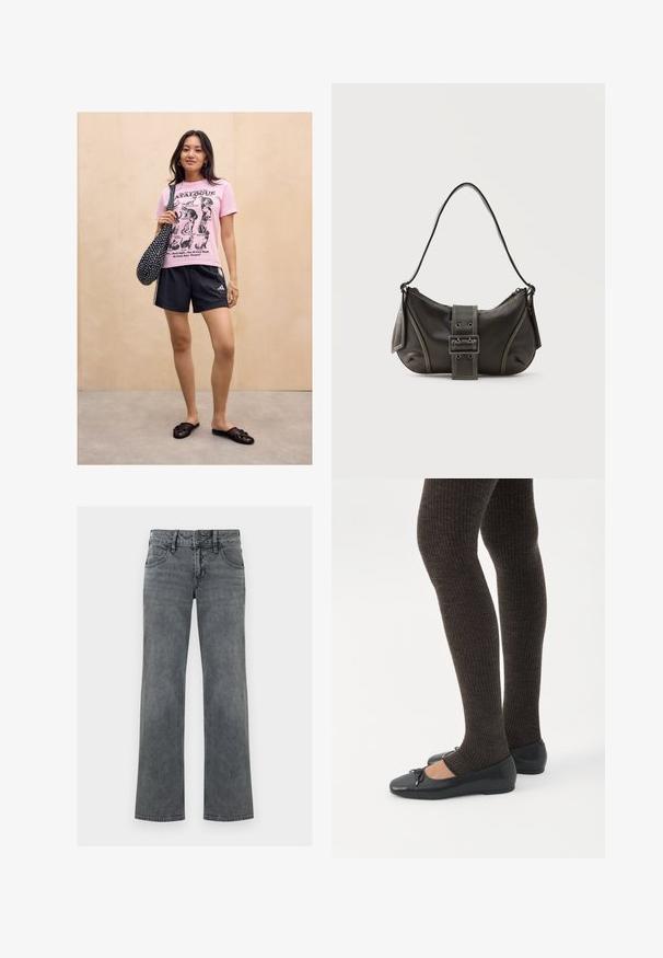 Vrouw die tegen een licht houten muur staat, gekleed in een roze T-shirt met kattenmotief, zwarte sportshorts, zwarte instapsandalen en een zwarte tas met stippen.; Grijze denimjeans met rechte pijpen, voorzien van knopen aan de voorkant, rits en vijfzakken, afgebeeld tegen een witte achtergrond.; Benen met donkere geribbelde leggings gecombineerd met zwarte ballerina's met kleine strikdetails op een witte achtergrond.; Zwarte leren schoudertas met gespsluiting aan de riem, afgeronde hoeken en contrasterende witte stiksels op een effen achtergrond.