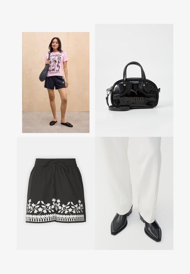 Kvinde står mod en lys trævæg iført en lyserød kattemotiveret t-shirt, sorte sportsshorts, sorte slip-on sandaler og bærer en sort taske med prikker.; Sorte shorts med hvid blomsterbroderi og kant. Har en snor i taljen og let stof, ideelt til afslappet brug.; Sorte spidse ankelstøvler med en glat læderoverflade, lave blokhæle, og parret med hvide brede bukser. Enkel og moderne design.; Sort lakeret håndtaske med dobbelte top-håndtag, aftagelig skulderrem, rund form og et fremtrædende præget "PUMA"-logo.