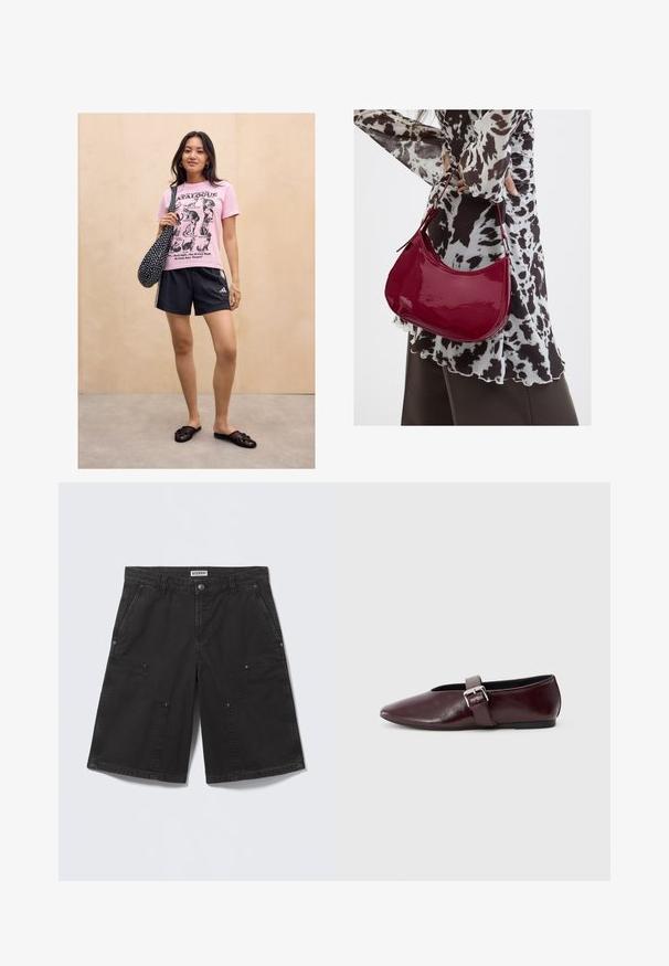 Vrouw die tegen een licht houten muur staat, gekleed in een roze T-shirt met kattenmotief, zwarte sportshorts, zwarte instapsandalen en een zwarte tas met stippen.; Zwarte shorts tot op de knie met grote zakken aan de voorkant, metalen knoopsluiting, lussen voor een riem en zijzakken, plat op een lichte achtergrond gelegd.; Bordeaux leren balletschoenen met een puntige neus, een platte zool en een decoratieve gesp over de wreef. Glad, glanzend oppervlak.; Vrouw met een zwart-wit gebloemde blouse houdt een glanzende rode schoudertas vast tegen een effen achtergrond.