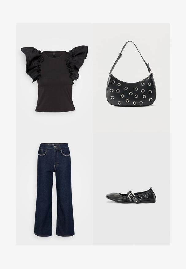 Sort kortærmet top med rynkede satin-skulderdetaljer og rund halsudskæring, lavet af et glat, strækbart materiale.; Mørkeblå brede ben jeans lavet af denim, med høj talje, to forlommer med dekorativ syning, og en enkelt knaplukning.; Sorte læder flade sko med spids tå, samling detaljer omkring åbningen, og en sølv spænde accent på den justerbare rem.; Sort læder skuldertaske med justerbar rem, dekoreret med sølvfarvede metalnitter og lukning med øverste lynlås.