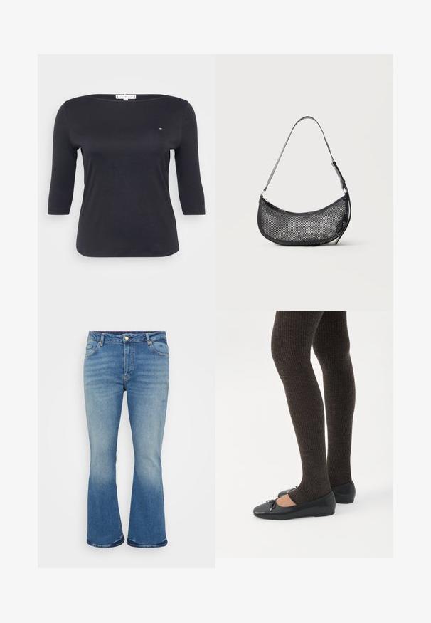 Sort top med trekvartærmer lavet af blødt bomuldsstof. Har en bådudskæring og et lille logo-detalje på brystet.; Lyseblå flagrende jeans med denimtekstur, fem-lomme design, messingknap lukning og falming på lår og underben.; Ben iført mørke ribbede leggings kombineret med sorte balletsko med små sløjfedetaljer på hvid baggrund.; Lille sort mesh skuldertaske i halvmåneform med justerbar tynd rem, sat mod en ensfarvet lys baggrund.