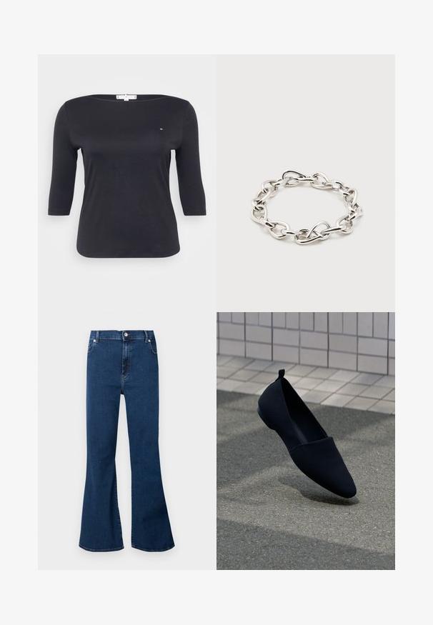 Sort top med trekvartærmer lavet af blødt bomuldsstof. Har en bådudskæring og et lille logo-detalje på brystet.; Mørkeblå jeans med høj talje og vidt udstående ben, forreste knaplukning og lommer, vist mod en lys baggrund.; Sorte flade sko med spids tå, glat tekstur og minimalistisk design. Har en lille hæl og en løkke ved ryggen.; Sølvfarvet chunky kædearmbånd med uregelmæssige ovale led arrangeret i en cirkulær form på en ens hvid baggrund.