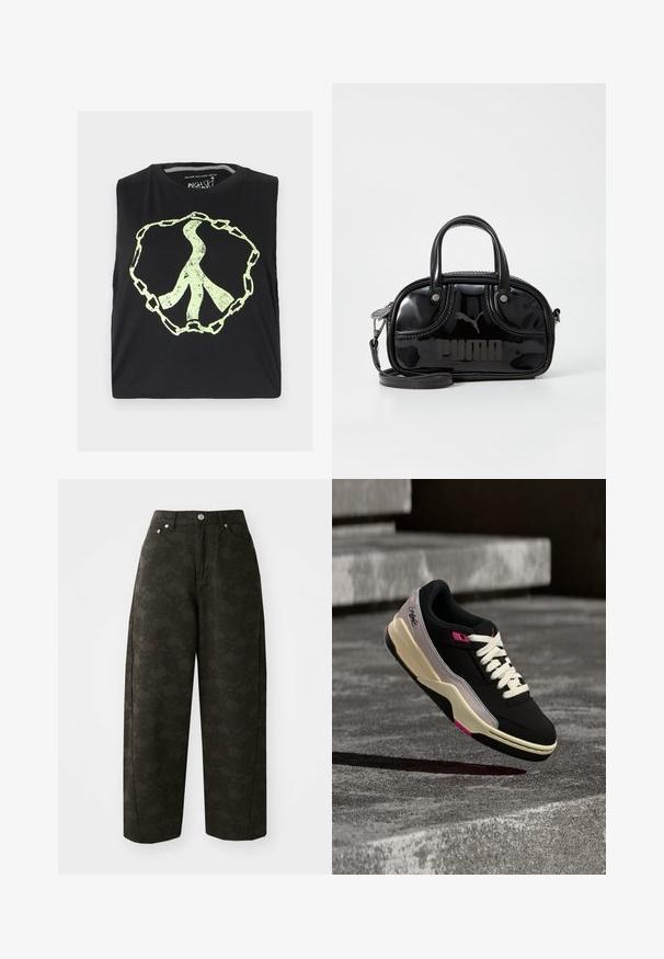 Haut court noir sans manches présentant un grand signe de paix vert abstrait entouré d'un motif de chaîne, confectionné en tissu doux.; Un pantalon large vert foncé présente un motif floral texturé, un design à cinq poches et des fermetures à bouton en métal à la taille.; Baskets noires et grises avec une semelle crème et des lacets blancs semblent flotter au-dessus d'une surface en béton avec des marches en arrière-plan.; Sac à main en cuir verni noir avec des poignées supérieures doubles, une bandoulière amovible, une forme arrondie et un logo "PUMA" en relief bien visible.