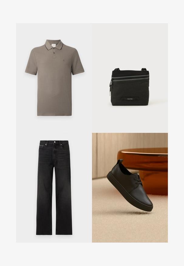 Taupe Kurzarm-Poloshirt mit schwarzem Kragen, zwei-knöpfiger Knopfleiste und kleinem gesticktem "cK"-Logo auf der linken Brust.; Schwarze Jeans mit geraden Beinen, fünf Taschen, Gürtelschlaufen und Knopfverschluss, auf weißem Hintergrund dargestellt.; Schwarzer Freizeit-Sneaker aus Leder mit Schnürsenkeln, schwebt über einem beigen Teppich, im Hintergrund ein bernsteinfarbenes, rundes Glastisch.; Schwarze und graue Calvin Klein Umhängetasche mit Karomuster, Frontreißverschlusstasche und verstellbarem Riemen vor weißem Hintergrund.