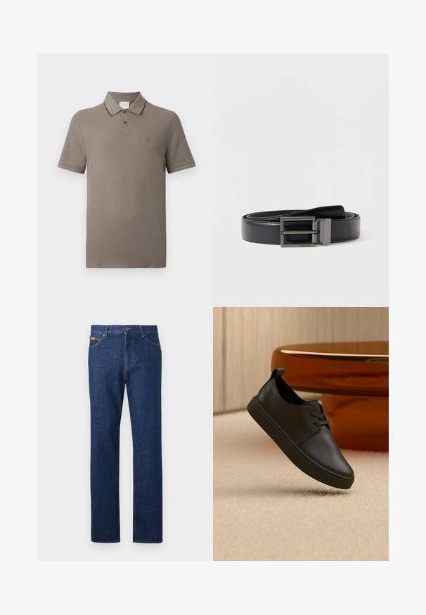 Taupe Kurzarm-Poloshirt mit schwarzem Kragen, zwei-knöpfiger Knopfleiste und kleinem gesticktem "cK"-Logo auf der linken Brust.; Dunkelblaue Jeans aus Denim mit geradem Bein, versehen mit orangefarbenen Nähten, Fünf-Taschen-Stil und Gürtelschlaufen.; Schwarzer Freizeit-Sneaker aus Leder mit Schnürsenkeln, schwebt über einem beigen Teppich, im Hintergrund ein bernsteinfarbenes, rundes Glastisch.; Schwarzer Ledergürtel mit glatter Oberfläche, ausgestattet mit einer quadratischen, matten Metallschnalle. Mit einem Markenlogo auf dem Gürtel akzentuiert.