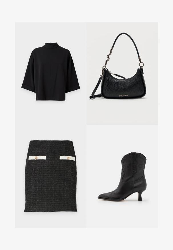 JDY JDYGEGGO - Bluse - black; Sort tweed nederdel med struktureret stof og en tætsiddende design. Har to hvide lommeaccenter med guldtonede knapper.; Sort læder cowboystøvle med spids tå, lav hæl og dekorativ pyntesyning på skaftet og tåområdet. Glat tekstur overalt.; Sort tekstureret lædertaske fra Steve Madden med buet toplynlås, kort uregelmæssigt metal- og læderhåndtag samt aftagelig rem.