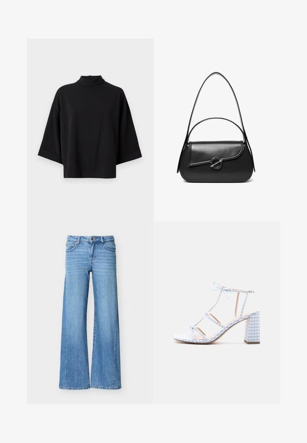 JDY JDYGEGGO - Bluse - black; Lyseblå denimjeans med høj talje, knap- og lynlåslukning, forlommer og vide ben.; Åben tå blokhæl sandal med blå og hvid gingham-mønster, flere tynde remme og bindelukning ved anklen.; Sort skuldertaske i læder med en buet klap, der er fastgjort med en rund metal spænde, og en slank, justerbar rem.