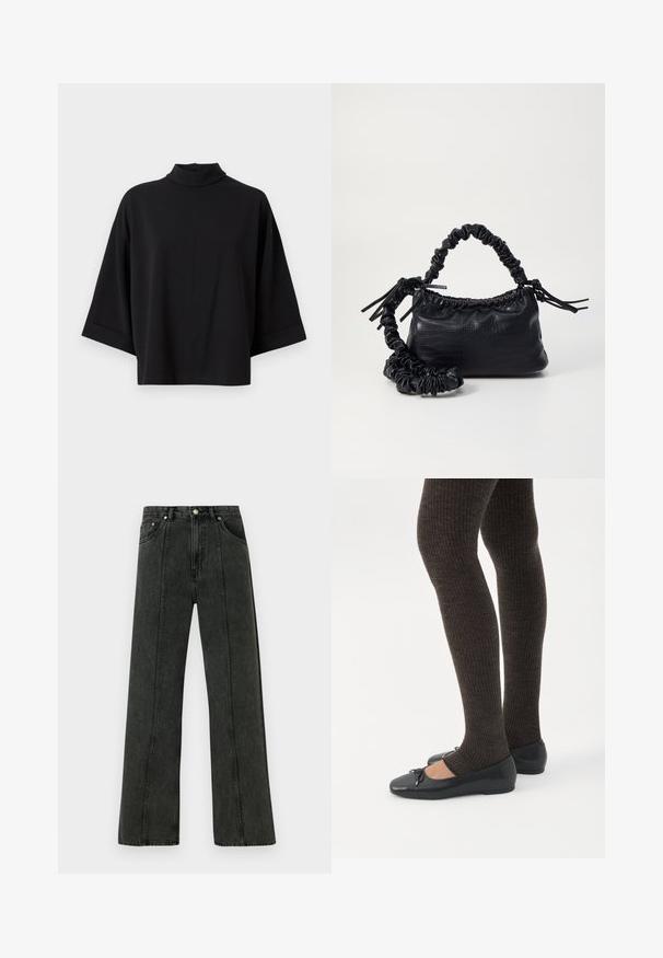 JDY JDYGEGGO - Bluse - black; Højtaljede jeans med vide ben i mørkegråt denim. Har et klassisk fem-lomme-design og synlige syninger langs forreste sømme.; Ben iført mørke ribbede leggings kombineret med sorte balletsko med små sløjfedetaljer på hvid baggrund.; Sort kunstlæder håndtaske med krokodilteksur, indsnøret top og en sammenkrøben rem. Ser blød og kompakt ud i designet.