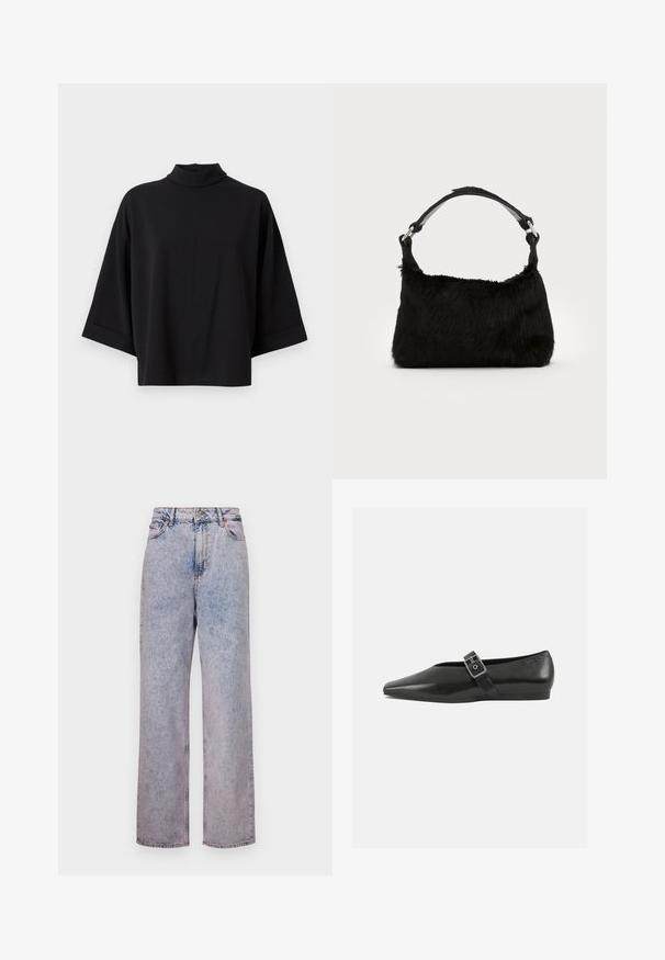 JDY JDYGEGGO - Bluse - black; Lyseblå denimbukser med en afslappet, lige skæring, der har høj talje, fem-lomme design og bronze knapdetaljer.; Sorte læder flade sko med spidse tæer, prydet med en metallisk spænde over vristen og en lav, fleksibel sål.; Sort faux fur håndtaske med en blød tekstur, rund form og en robust skulderrem i sort læder. Synlige sølvhardware-detaljer.