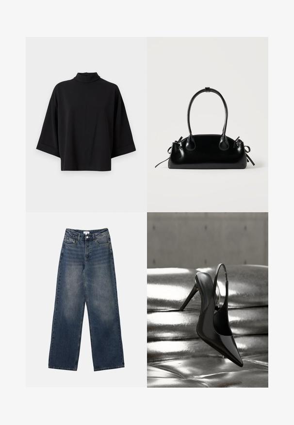 JDY JDYGEGGO - Blouse - black; Heren hoge taille blauwe spijkerbroek met wijde pijpen, vooraan knoop en rits, en voor- en achterzakken.; Glanzende zwarte slingback pump met hoge hak, gebalanceerd op een glanzend zilverkleurig metalen kussen met een gladde textuur.; Kleine zwarte glanzende handtas met twee lange hengsels en zijkant trekkoord details op een effen lichte achtergrond.