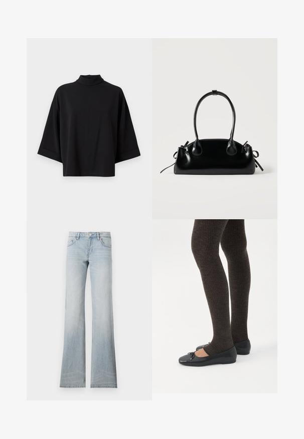 JDY JDYGEGGO - Bluse - black; Lyseblå denim flared jeans med en slidt finish, fem lommer og knaplukning. Stoffet har en glat tekstur og let stræk.; Ben iført mørke ribbede leggings kombineret med sorte balletsko med små sløjfedetaljer på hvid baggrund.; Lille sort blank håndtaske med to lange håndtag og snøre-detaljer i siden på en ensfarvet lys baggrund.
