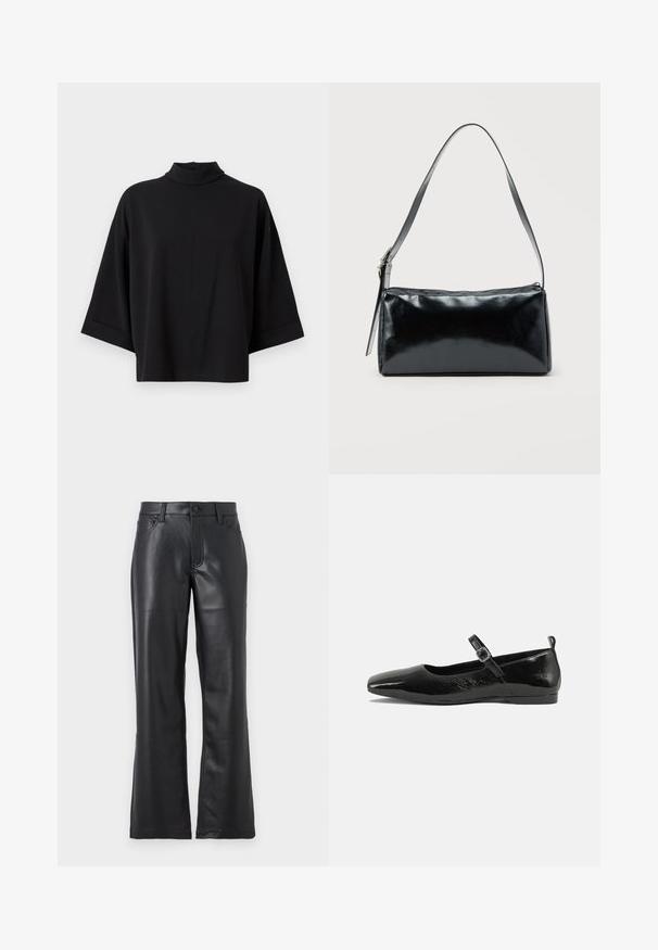 JDY JDYGEGGO - Bluse - black; Sorte læderbukser med en flagrende design, der har forlommer, bæltestropper og knaplukning. Glat tekstur med synlige sømme.; Sorte patentlæder flade sko med spidse tæer, en ankelrem med spænde og en glat, blank tekstur. Lav hæl for komfort.; Sort rektangulær skuldertaske med en enkelt justerbar rem og lynlås i toppen på en ensfarvet baggrund.