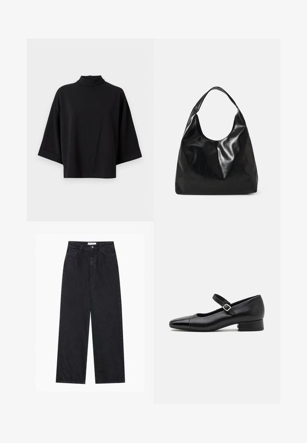 JDY JDYGEGGO - Blouse - black; Zwarte high-waisted spijkerbroek met wijde pijpen, frontknopen en ritssluiting, ceintuurlussen en een vijf-pocket stijl.; Zwarte leren Mary Jane schoenen met een gepatenteerde neus, verstelbare enkelband en lage blokhak. Een gladde textuur en een elegante uitstraling.; Zwarte leren hobo tas met een zachte, glanzende textuur en een ronde, open bovenkant. Voorzien van een brede, gebogen schouderband om te dragen. Geen zichtbare hardware.