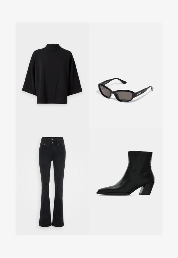 JDY JDYGEGGO - Bluse - black; Sorte flagrende jeans lavet af denim, med høj talje, to knapper og frontlommer. Stoffet har en glat tekstur med let stræk.; Sortlæder ankelstøvle med spids tå, en slank silhuet og en kraftig firkantet hæl. Glat tekstur med minimale stikninger.; Sorte solbriller med rektangulært stel, mørke linser, glat plastmateriale og en metalaccent på templet.