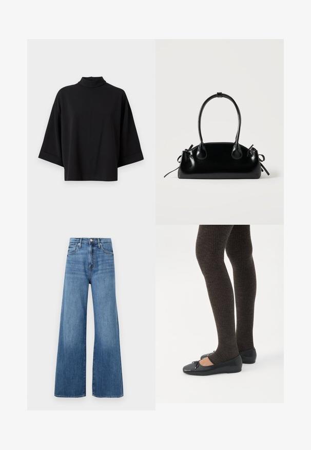 JDY JDYGEGGO - Bluse - black; Blå højtaljede vidde jeans med knap- og lynlåslukning, forlommer og diskret fading på stoffet.; Ben iført mørke ribbede leggings kombineret med sorte balletsko med små sløjfedetaljer på hvid baggrund.; Lille sort blank håndtaske med to lange håndtag og snøre-detaljer i siden på en ensfarvet lys baggrund.