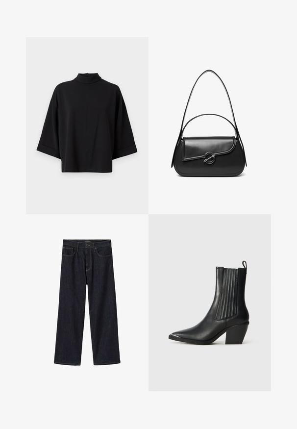 JDY JDYGEGGO - Bluse - black; Mørke indigofarvede jeans med vide ben, med frontknap og lynlås, bæltestropper og forlommer, vist på hvid baggrund.; Sort læder ankelstøvle med spids tå, ribbede sidepaneler og en kraftig hæl, placeret på en struktureret fliseoverflade.; Sort skuldertaske i læder med en buet klap, der er fastgjort med en rund metal spænde, og en slank, justerbar rem.