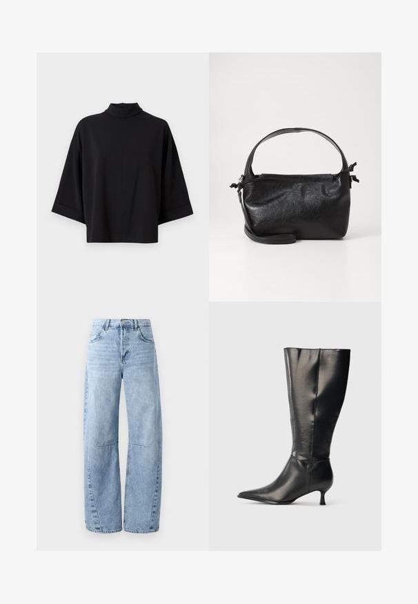 JDY JDYGEGGO - Bluse - black; Lysblå brede jeans lavet af denim, med høj talje, fem lommer og diskret slid. Benene har synlige syninger og sømme.; Sort knæhøj læderstøvle med spids tå og lav kittenhæl, vist på en enkel lys baggrund.; Sort læderhåndtaske med et struktureret design, rund tophåndtag og aftagelig skulderrem. Den har en glat tekstur og en subtil glans.