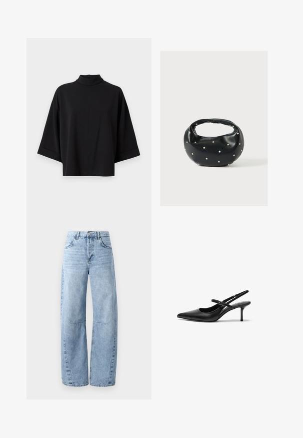 JDY JDYGEGGO - Bluse - black; Lysblå brede jeans lavet af denim, med høj talje, fem lommer og diskret slid. Benene har synlige syninger og sømme.; Sorte læder slingback hæle med spids tå, slank justerbar rem og en stiletto hæl på cirka 5 cm, glat tekstur.; Sort læderhåndtaske med en rundet form, dekoreret med sølvnitter, og et kort håndtag. Glat tekstur og lynlåslukning.