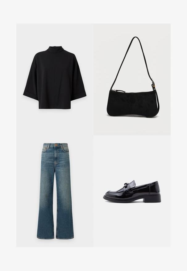 JDY JDYGEGGO - Bluse - black; Bredde ben jeans i medium blå denim, med høj talje, fem-lomme design og en subtil falmet finish. Kobberknap og syninger som detaljer.; Sort loafers i laklæder med blokhæl og dekorativ remdetalje, vist i sideprofil på en hvid baggrund.; Sort skuldertaske i ruskind med lynlås og en tynd justerbar rem mod en ensfarvet hvid baggrund.
