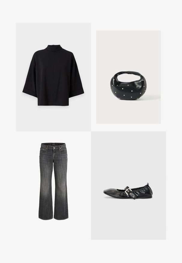 JDY JDYGEGGO - Bluse - black; Sorte, falmede, straight-leg jeans i denim med forreste knap, bæltestropper og fem-lommer design.; Sorte læder flade sko med spids tå, samling detaljer omkring åbningen, og en sølv spænde accent på den justerbare rem.; Sort læderhåndtaske med en rundet form, dekoreret med sølvnitter, og et kort håndtag. Glat tekstur og lynlåslukning.